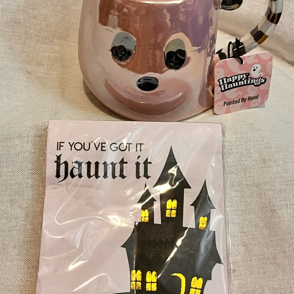 Hand-Painted Pink Ghost Mug and Haunted House Napkins Set